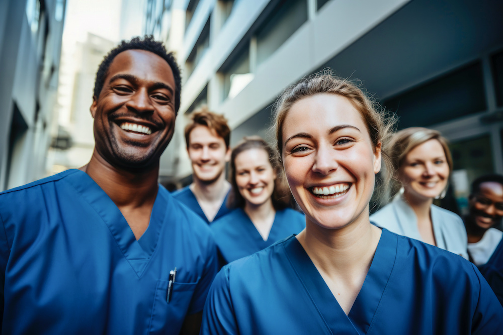 En grupp glada läkare och sjuksköterskor på ett sjukhus